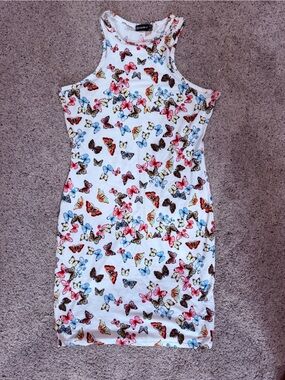 Butterfly Print Tank Dress - White with Multicolor Butterflies